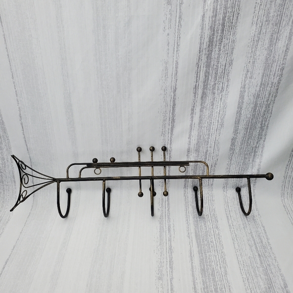 DecorativeIron Trumpet Shape Wall Hook Black w/hints of gold. 21" long - Picture 8 of 9